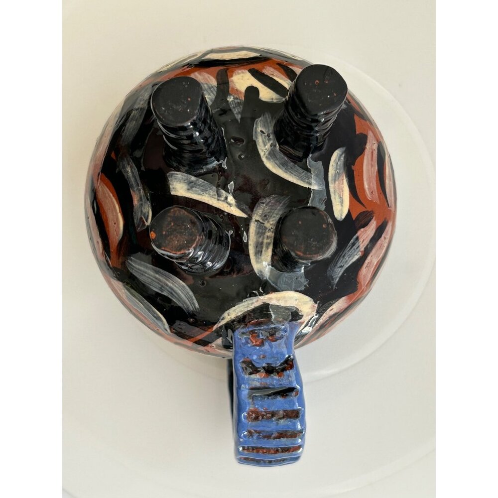 Handmade Pottery Cat Mug Sculpted Legs & Handle Blue Brown Black Whimsical Fun - Picture 7 of 9